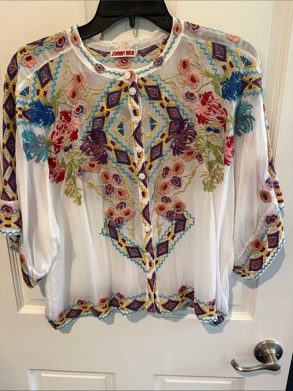 Johnny Was White Sheer Embroidered Boho Blouse with Multicolor Floral Motifs